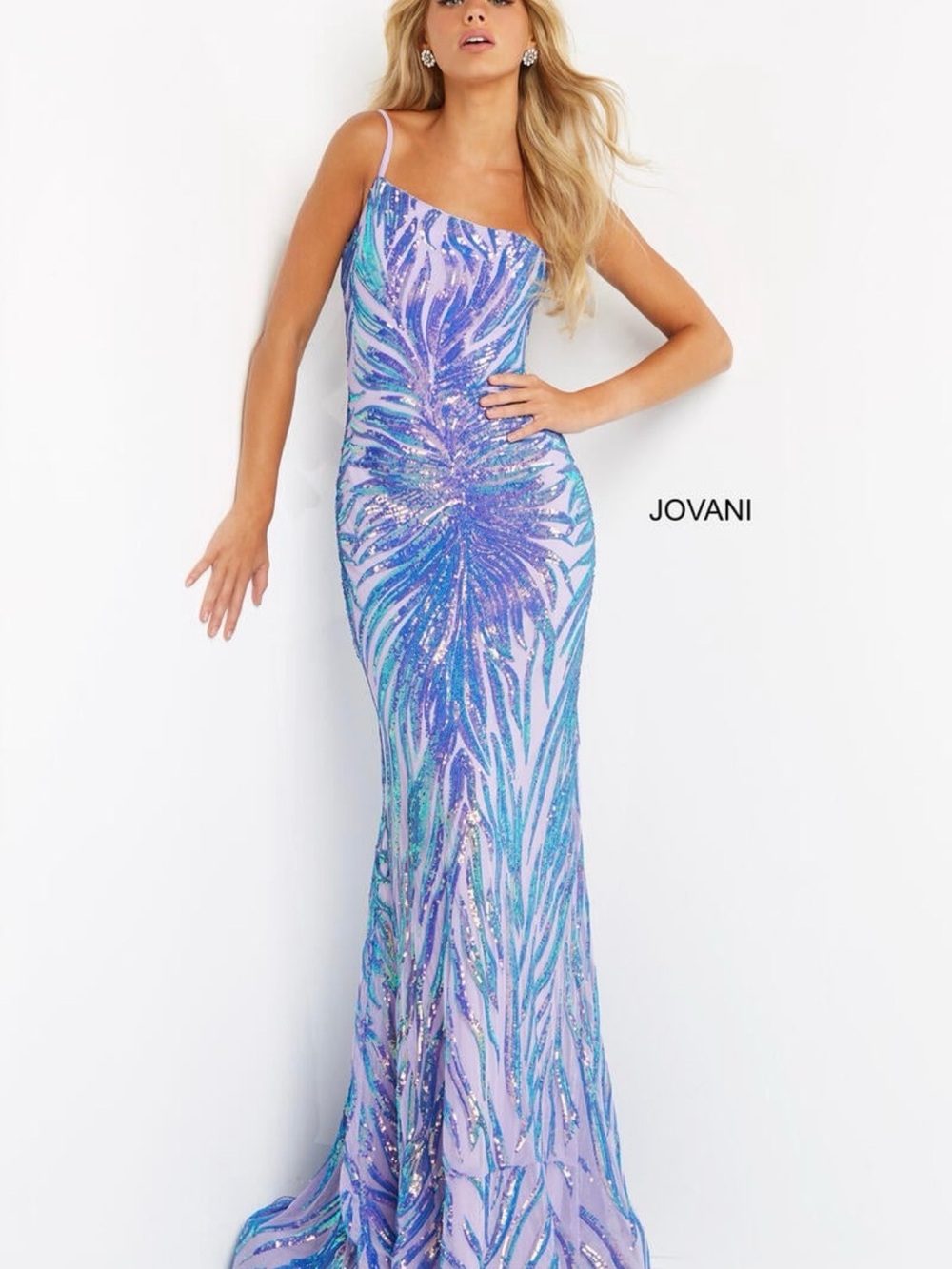 Jovani Lavender and Teal One-Shoulder Sequin Gown